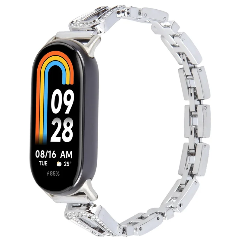 Metal Watch Strap for Xiaomi Smart Band 9 NFC / 9 / 8 U-Shaped Rhinestone Wrist Band - Silver