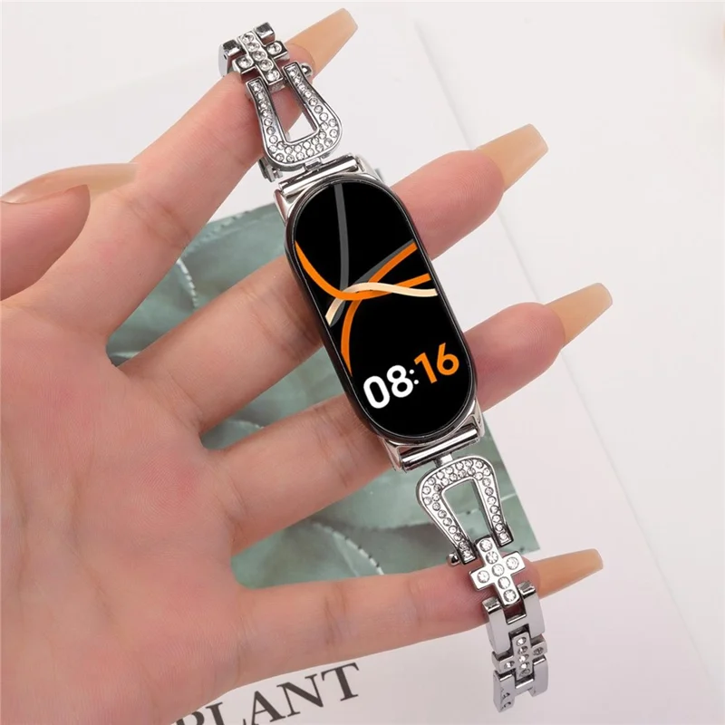 Metal Watch Strap for Xiaomi Smart Band 9 NFC / 9 / 8 U-Shaped Rhinestone Wrist Band - Silver