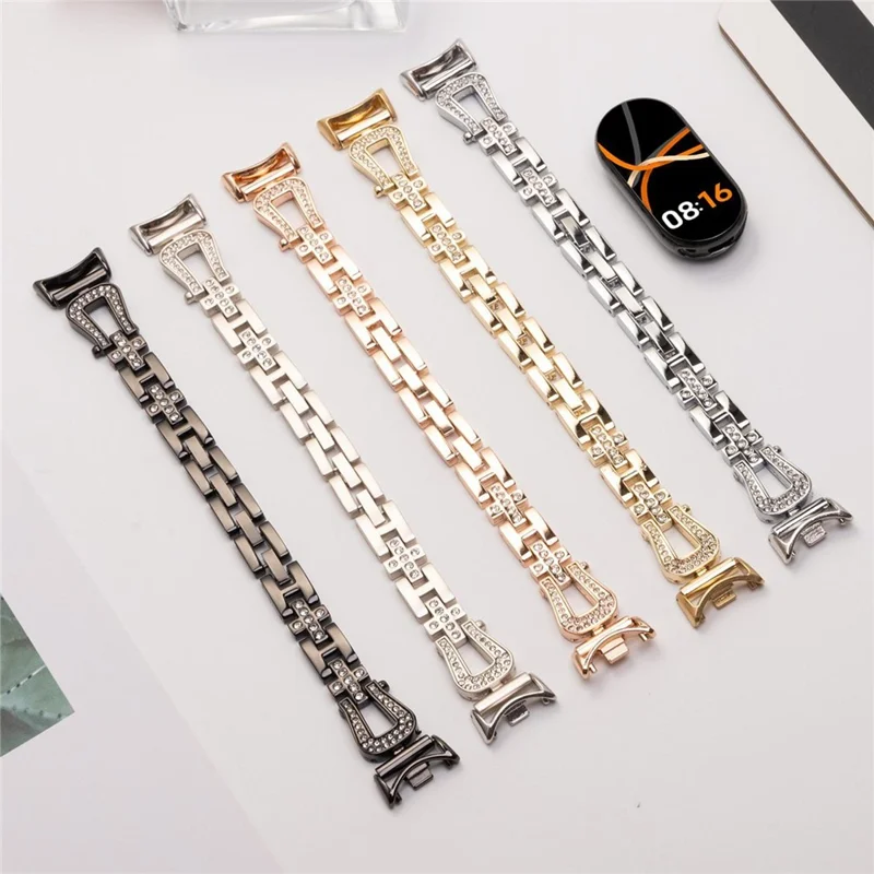 Metal Watch Strap for Xiaomi Smart Band 9 NFC / 9 / 8 U-Shaped Rhinestone Wrist Band - Silver