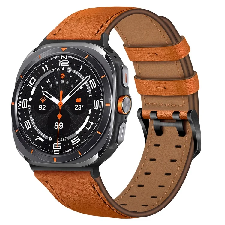 Bracelet de montre pour Samsung Galaxy Watch Ultra 47 mm, en cuir véritable de vache, double boucle - Orange