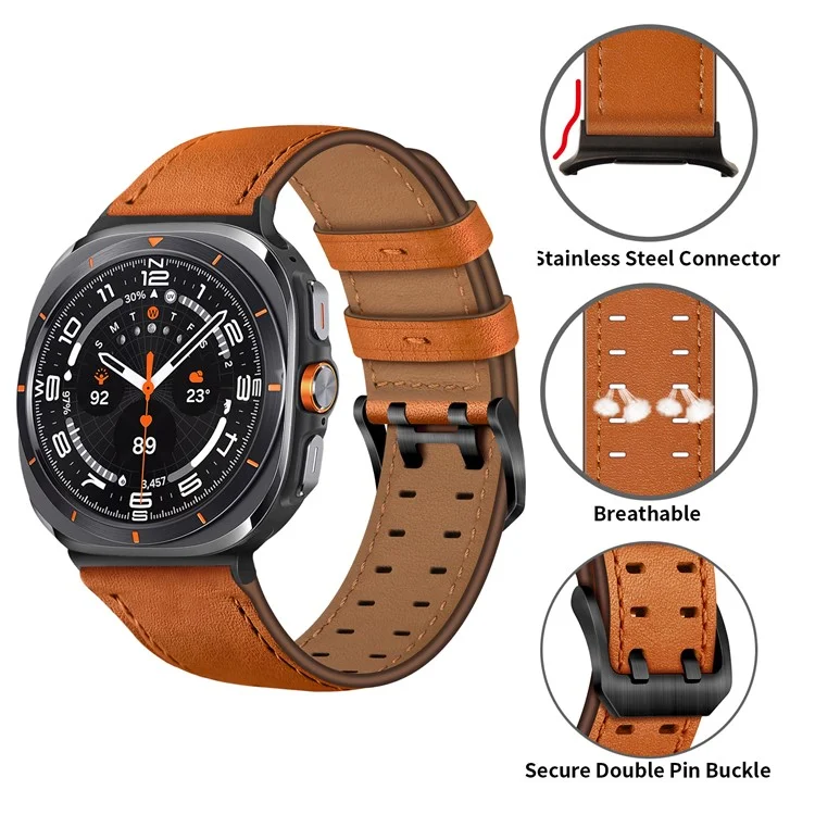 Bracelet de montre pour Samsung Galaxy Watch Ultra 47 mm, en cuir véritable de vache, double boucle - Orange
