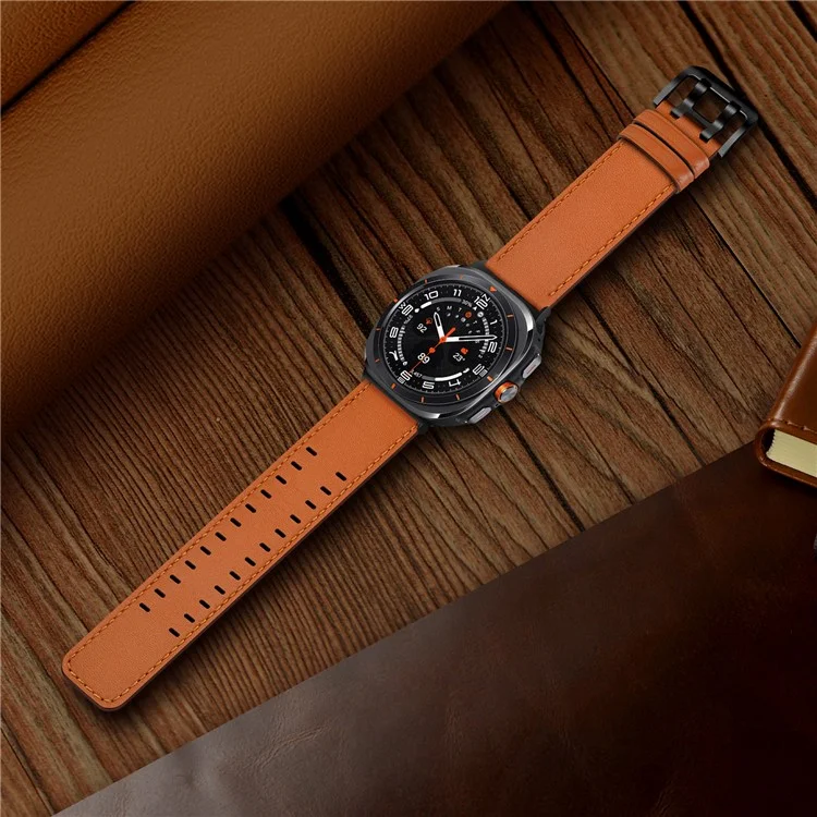 Bracelet de montre pour Samsung Galaxy Watch Ultra 47 mm, en cuir véritable de vache, double boucle - Orange