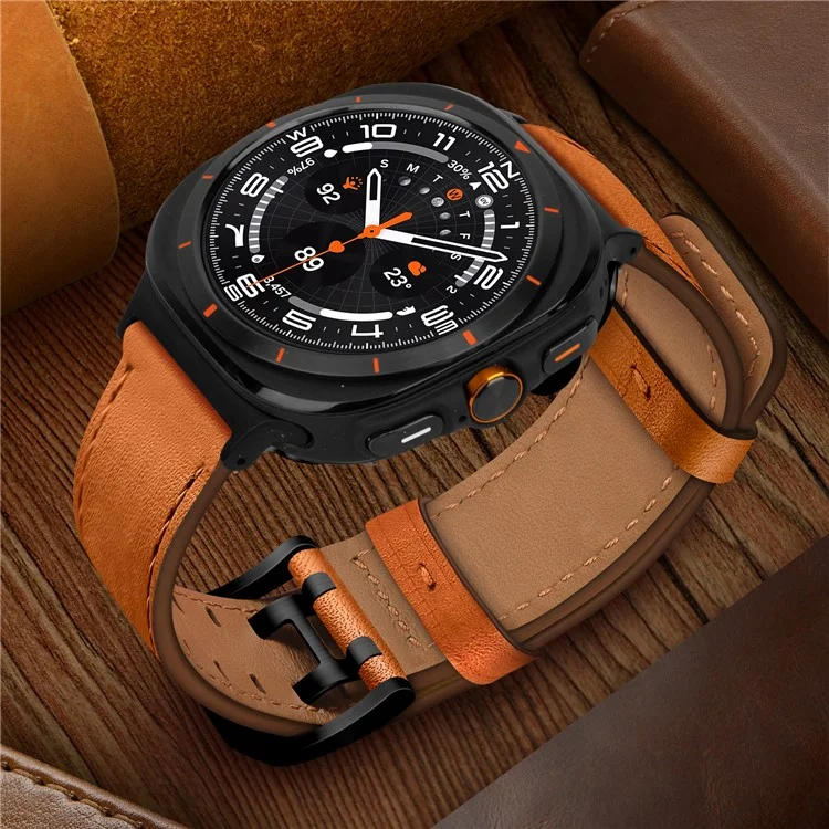 Bracelet de montre pour Samsung Galaxy Watch Ultra 47 mm, en cuir véritable de vache, double boucle - Orange