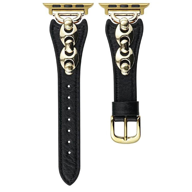 Correa de reloj para Apple Watch Series 10 9 8 7 SE 6 5 4 3 2 1 42mm 41mm 40mm 38mm Anillo de metal en forma de D Banda de cuero - Negro / Oro