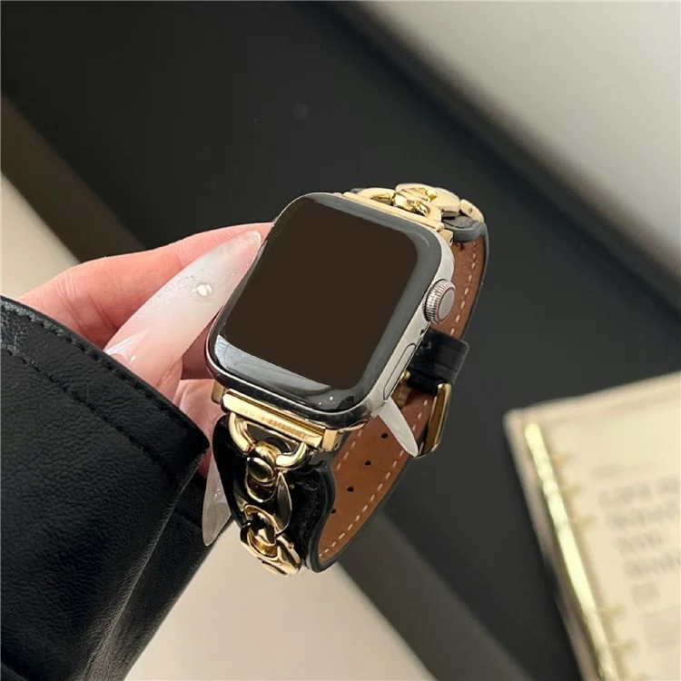 Correa de reloj para Apple Watch Series 10 9 8 7 SE 6 5 4 3 2 1 42mm 41mm 40mm 38mm Anillo de metal en forma de D Banda de cuero - Negro / Oro