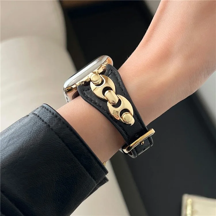 Correa de reloj para Apple Watch Series 10 9 8 7 SE 6 5 4 3 2 1 42mm 41mm 40mm 38mm Anillo de metal en forma de D Banda de cuero - Negro / Oro