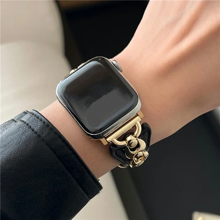Correa de reloj para Apple Watch Series 10 9 8 7 SE 6 5 4 3 2 1 42mm 41mm 40mm 38mm Anillo de metal en forma de D Banda de cuero - Negro / Oro