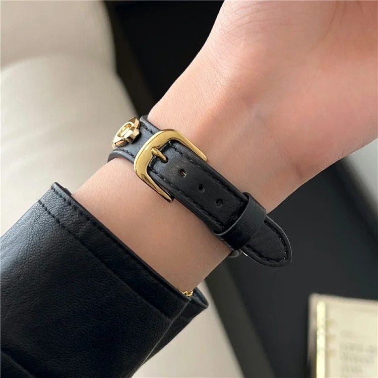 Correa de reloj para Apple Watch Series 10 9 8 7 SE 6 5 4 3 2 1 42mm 41mm 40mm 38mm Anillo de metal en forma de D Banda de cuero - Negro / Oro