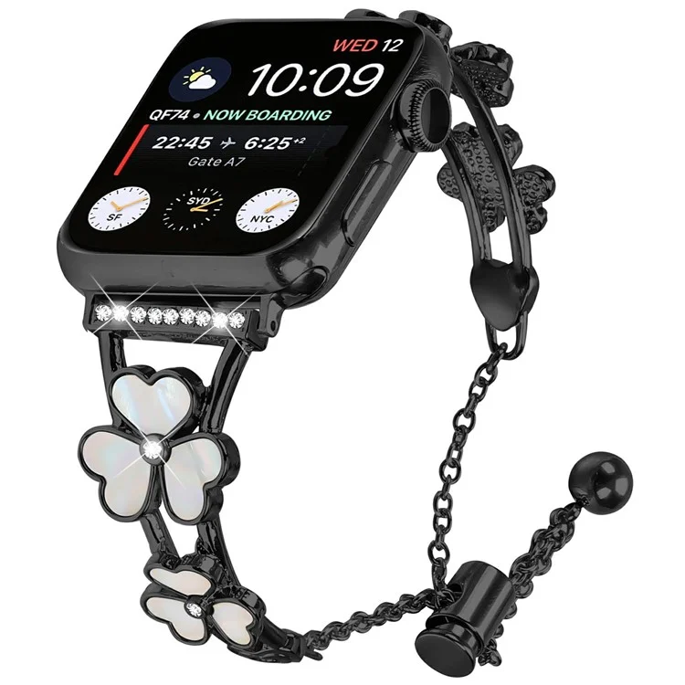 Bracelet de montre pour Apple Watch Série 10 Ultra 9 8 7 SE 6 5 4 3 2 1 46 mm 49 mm 45 mm 44 mm 42 mm - Trèfle en alliage de zinc métallique - Noir