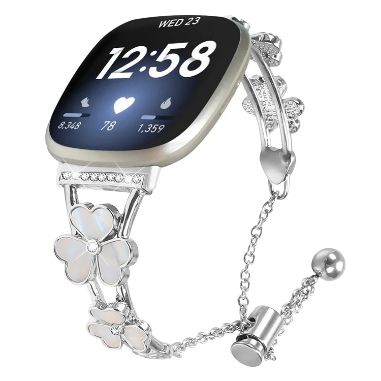 For Fitbit Versa 4 / Sense 2 Watchband Heart Clover Decor Silver Zinc Alloy Metal Strap
