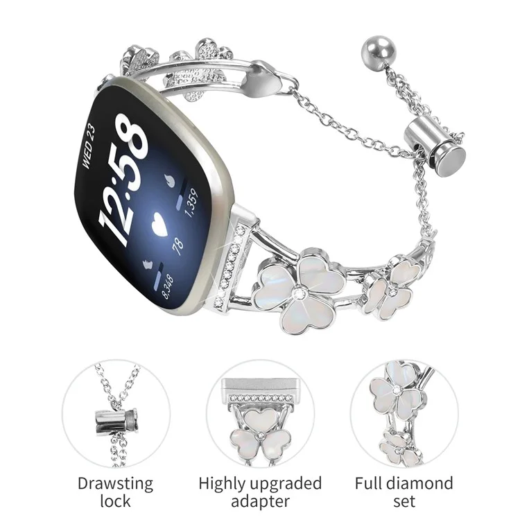 For Fitbit Versa 4 / Sense 2 Watchband Heart Clover Decor Silver Zinc Alloy Metal Strap