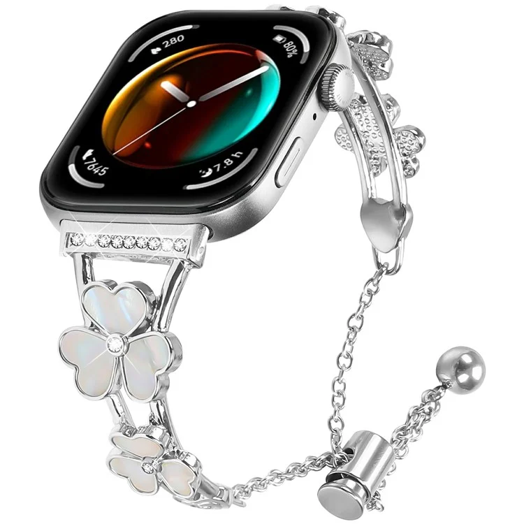 Bracelet pour montre Huawei Watch Fit 3, en alliage de zinc métallique avec décor de trèfle, argent.