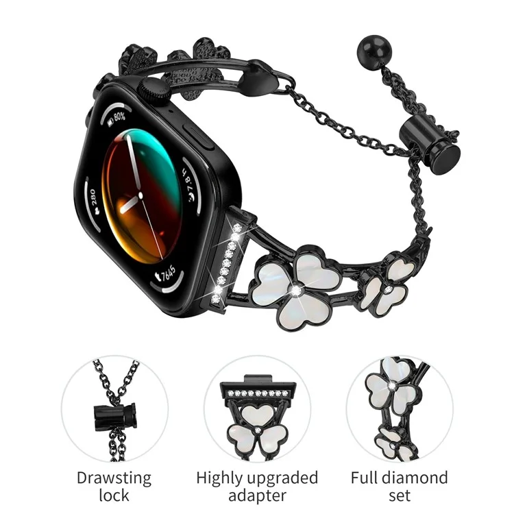 Bracelet de montre en alliage de zinc avec décoration en forme de trèfle pour Huawei Watch Fit 3 - Noir