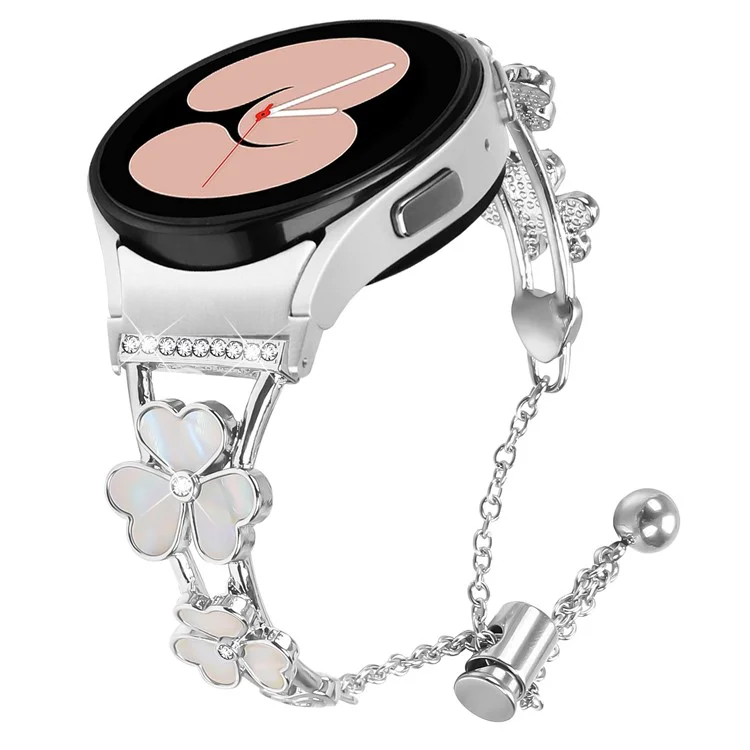 Cinturino per orologio con connettore per Samsung Galaxy Watch7 40mm 44mm, decorazione a quadrifoglio d'argento in lega di zinco