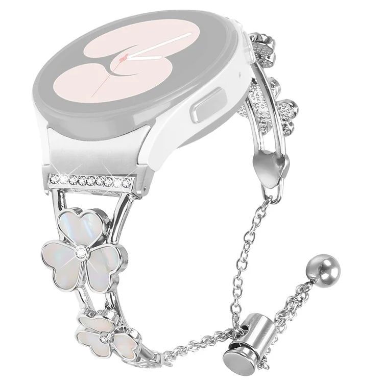 Cinturino per orologio con connettore a rilascio rapido per Samsung Galaxy Watch7 40mm 44mm, decorato con quadrifoglio in lega di zinco argento.