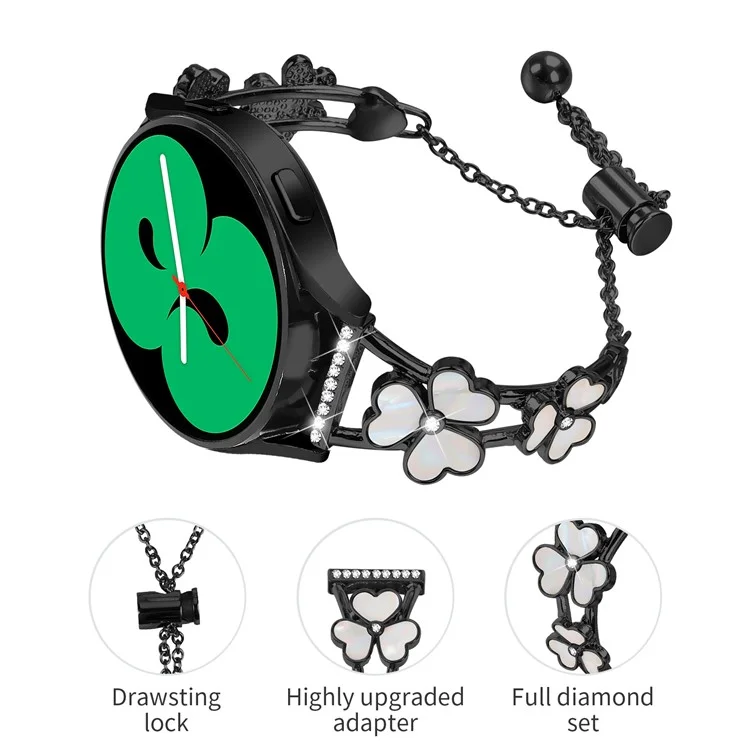 Bracelet de montre pour Samsung Galaxy Watch Active2 40 mm 44 mm, décoration trèfle en alliage de zinc, bracelet en métal - Noir