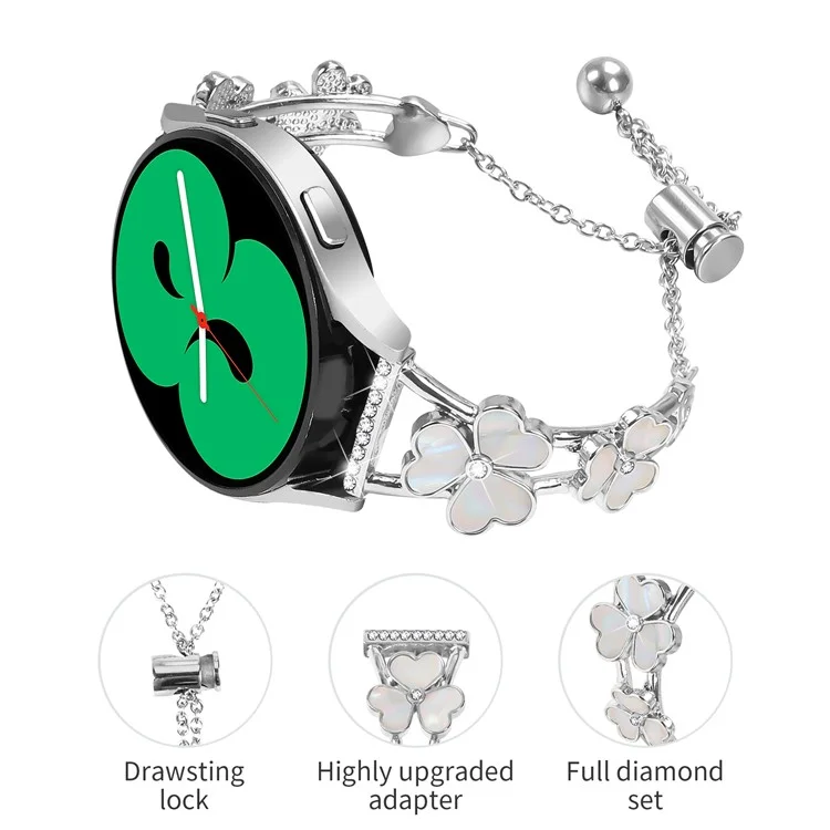 Bracelet de montre en alliage de zinc argenté avec décoration en trèfle en forme de cœur pour Samsung Galaxy Watch 42 mm