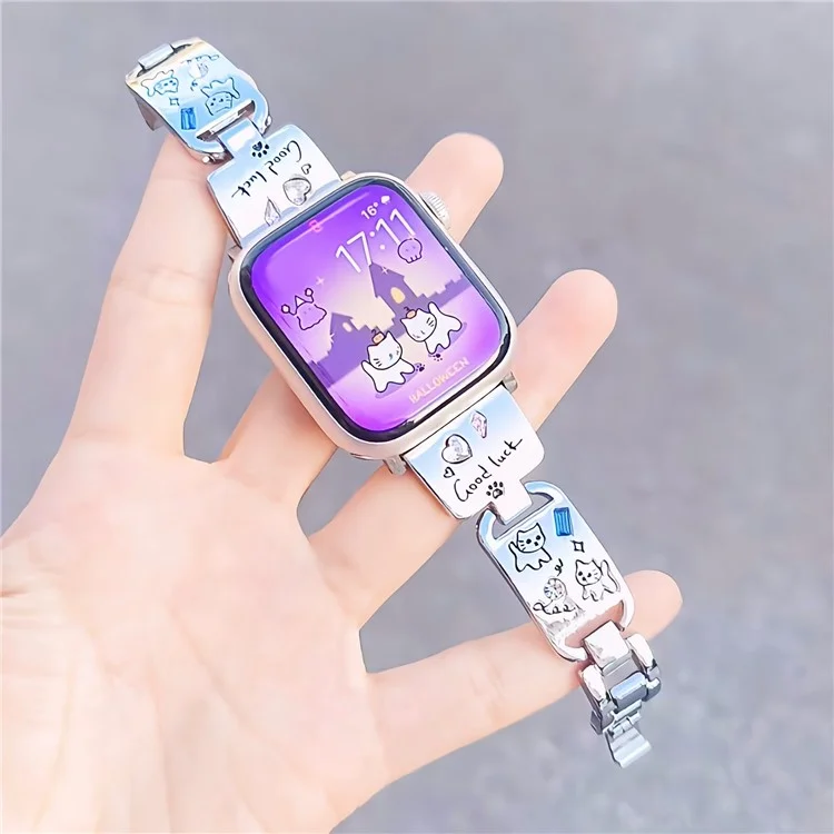 Bracelet en métal pour Apple Watch Série 10 Ultra 9 8 7 SE 6 5 4 3 2 1 46mm 49mm 45mm 44mm 42mm - Motif chat - Noir