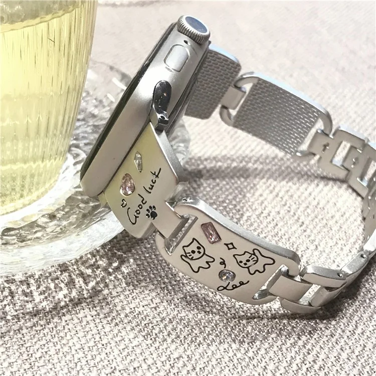 Bracelet en métal pour Apple Watch Série 10 Ultra 9 8 7 SE 6 5 4 3 2 1 46mm 49mm 45mm 44mm 42mm - Motif chat - Noir
