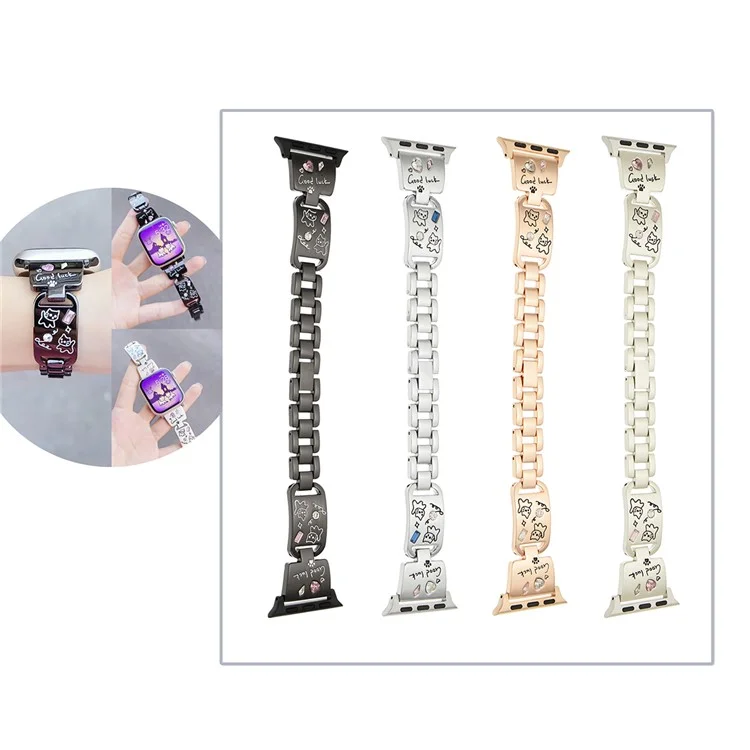 Bracelet en métal pour Apple Watch Série 10 Ultra 9 8 7 SE 6 5 4 3 2 1 46mm 49mm 45mm 44mm 42mm - Motif chat - Noir