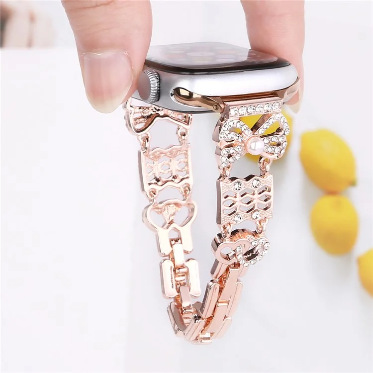 Pulseira de metal para Apple Watch Series 10 Ultra 9 8 7 SE 6 5 4 3 2 1 46mm 49mm 45mm 44mm 42mm - Decoração de laço - Dourado