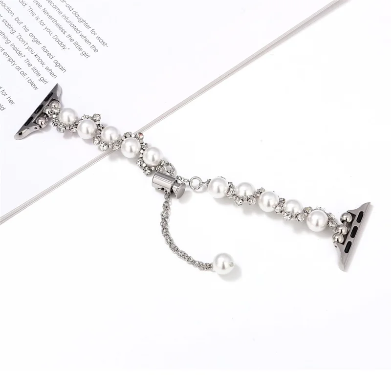 Pearl Decor Strap for Apple Watch Series 10 9 8 7 SE 6 5 4 3 2 1 42mm 41mm 40mm 38mm Metal Watch Band - Silver