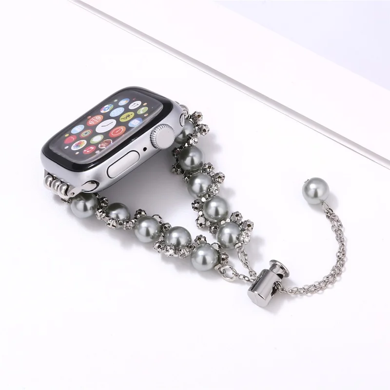 Pearl Decor Strap for Apple Watch Series 10 9 8 7 SE 6 5 4 3 2 1 42mm 41mm 40mm 38mm Metal Watch Band - Silver