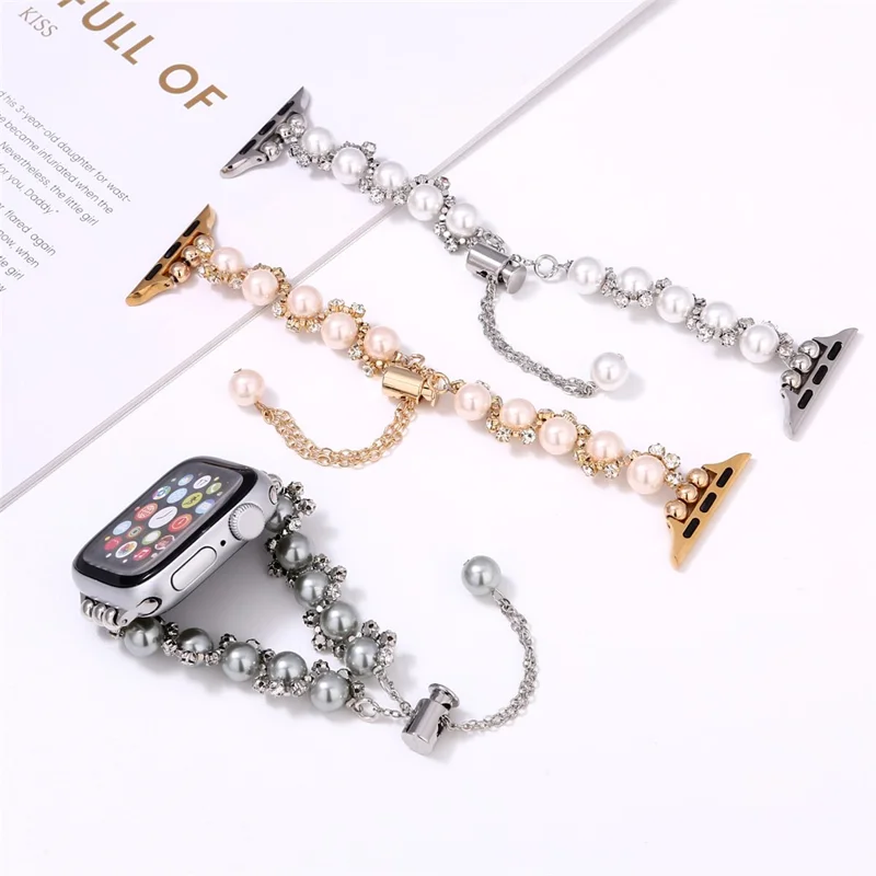 Pearl Decor Strap for Apple Watch Series 10 9 8 7 SE 6 5 4 3 2 1 42mm 41mm 40mm 38mm Metal Watch Band - Silver