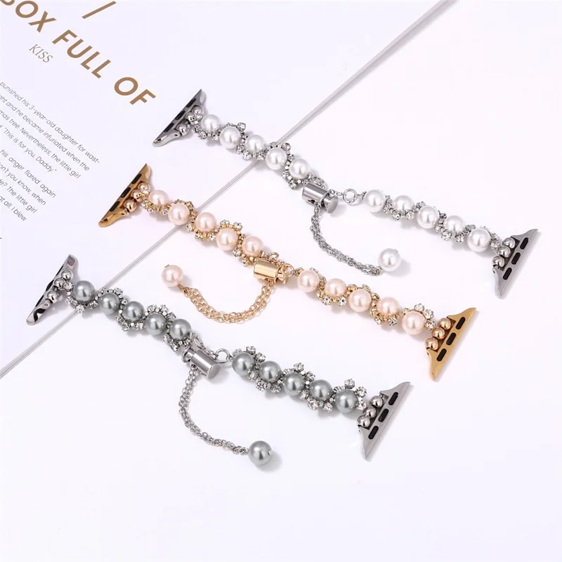 Pearl Decor Strap for Apple Watch Series 10 9 8 7 SE 6 5 4 3 2 1 42mm 41mm 40mm 38mm Metal Watch Band - Silver