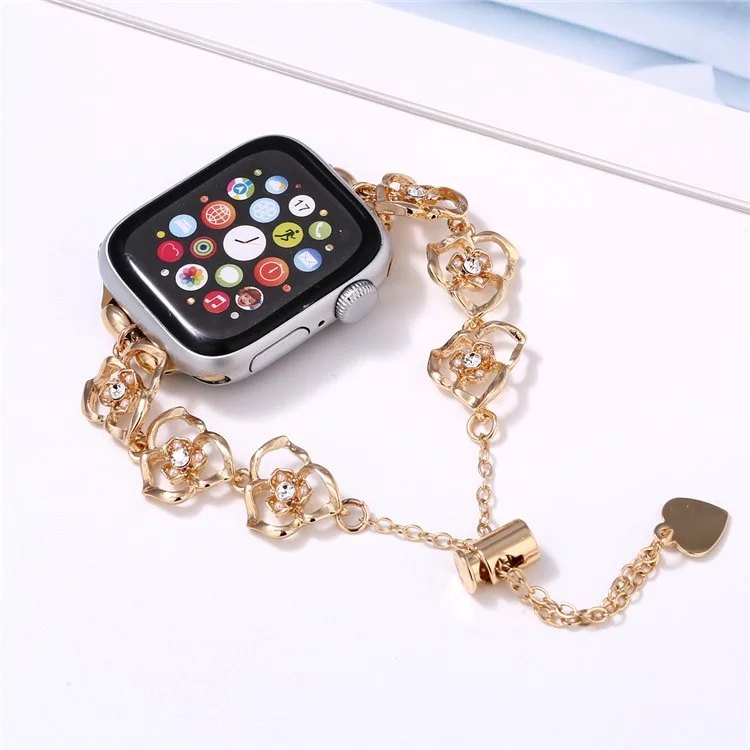 Floral Decor Strap for Apple Watch Series 10 Ultra 9 8 7 SE 6 5 4 3 2 1 46mm 49mm 45mm 44mm 42mm Metal Watch Band - Gold