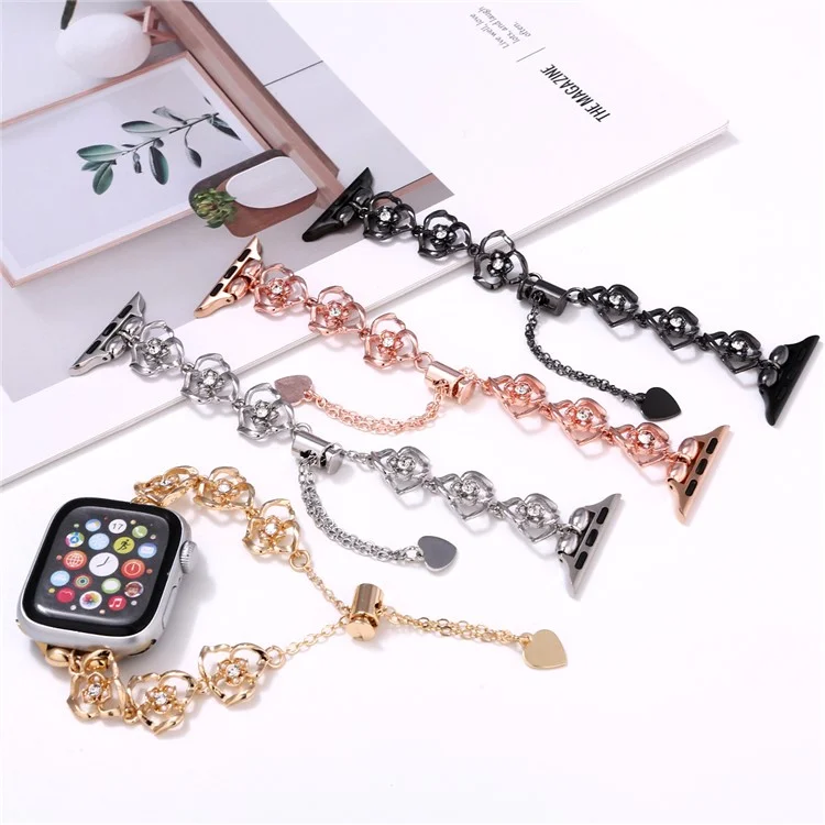 Floral Decor Strap for Apple Watch Series 10 Ultra 9 8 7 SE 6 5 4 3 2 1 46mm 49mm 45mm 44mm 42mm Metal Watch Band - Gold