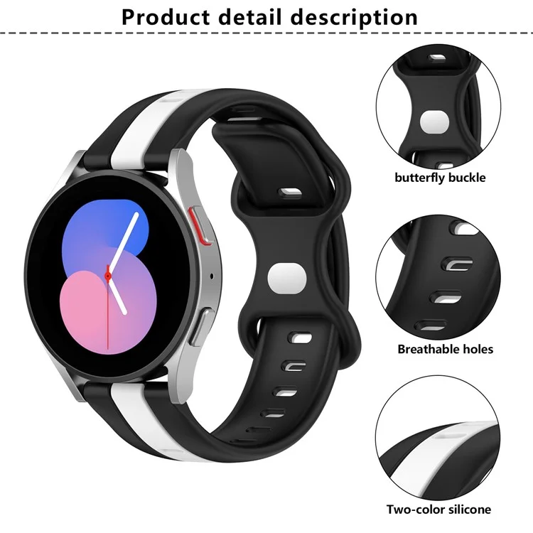 KALEBOL 20mm Dual Color Silicone Strap for Samsung Galaxy Watch6 Classic 47mm / 43mm / Huawei Watch GT 3 Pro 43mm Watch Band - Black+White
