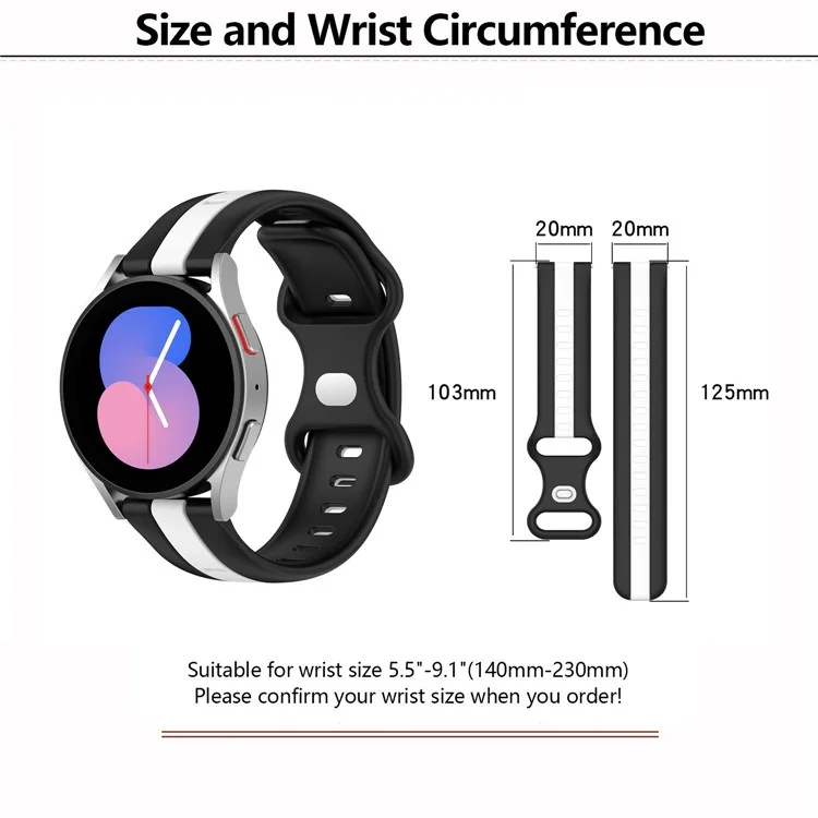 KALEBOL 20mm Dual Color Silicone Strap for Samsung Galaxy Watch6 Classic 47mm / 43mm / Huawei Watch GT 3 Pro 43mm Watch Band - Black+White