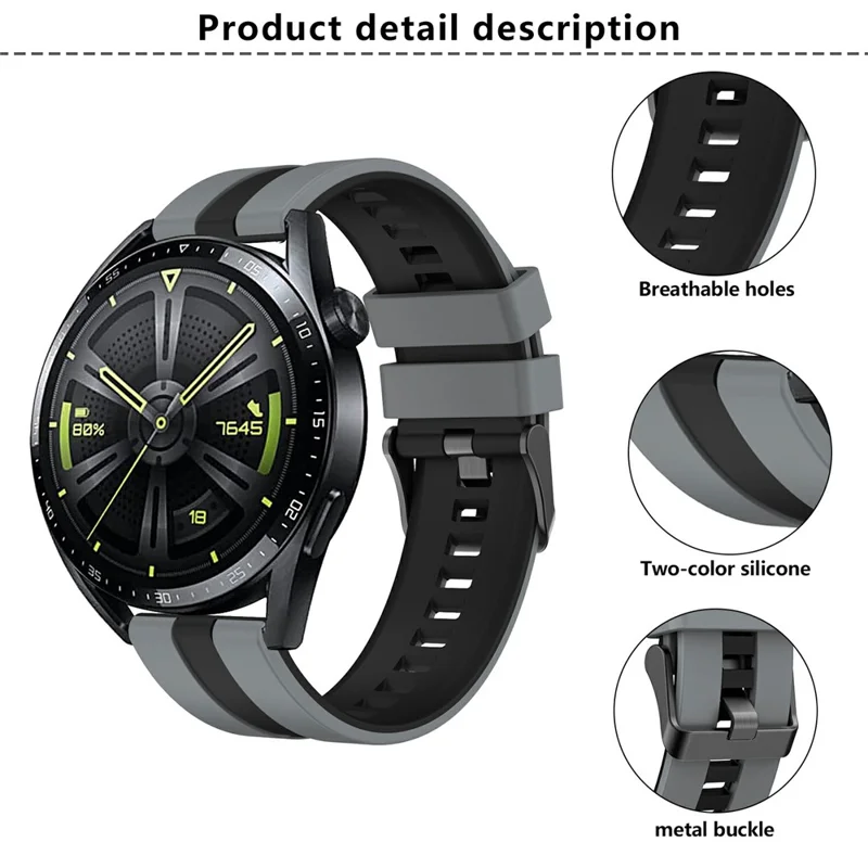 KALEBOL 22mm Dual Color Silicone Strap for Samsung Galaxy Watch3 45mm / Huawei Watch GT 5 46mm / GT 5 Pro 46mm Watch Band - Dark Grey+Black