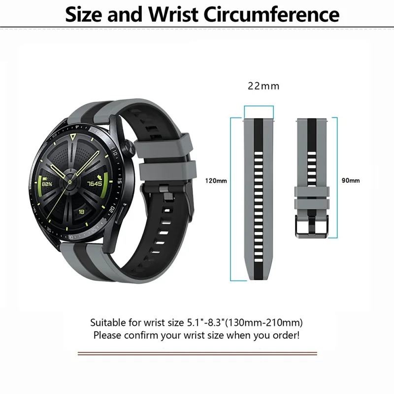 KALEBOL 22mm Dual Color Silicone Strap for Samsung Galaxy Watch3 45mm / Huawei Watch GT 5 46mm / GT 5 Pro 46mm Watch Band - Dark Grey+Black