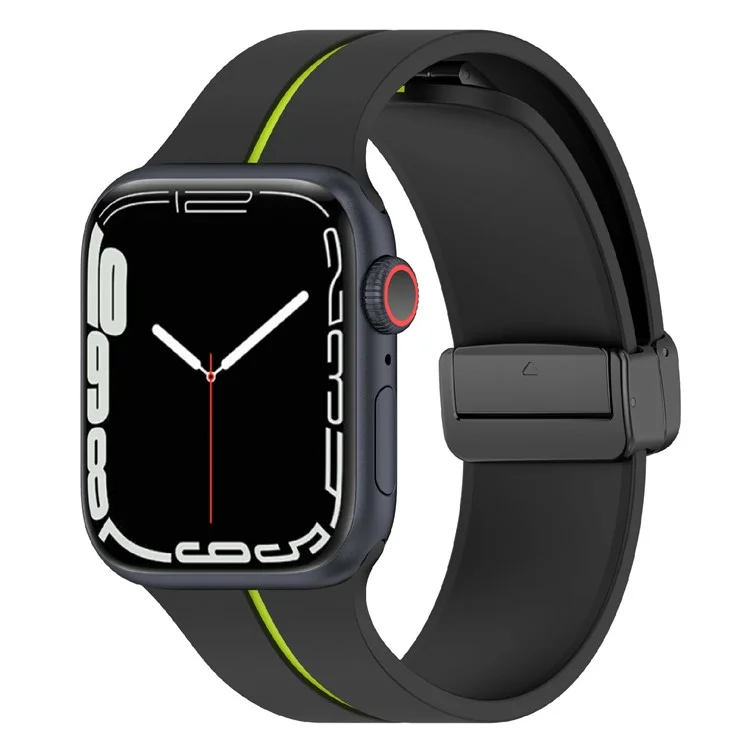 KALEBOL Magnetic Silicone Strap for Apple Watch Series 10 Ultra 9 8 7 SE 6 5 4 3 2 1 46mm 49mm 45mm 44mm 42mm Stripe Watch Band - Black+Lime
