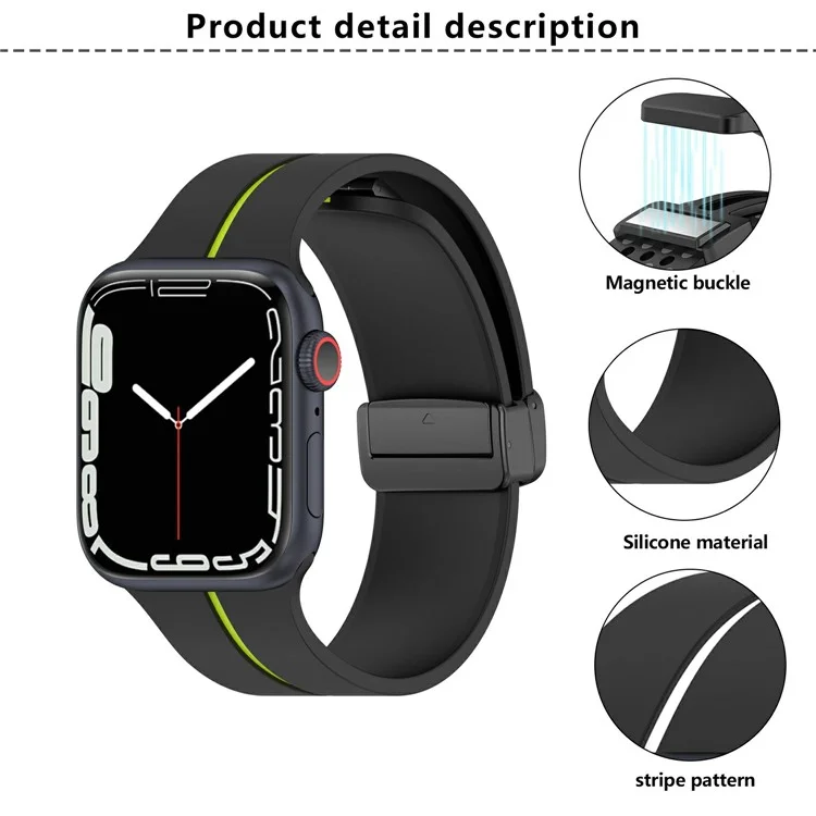 KALEBOL Magnetic Silicone Strap for Apple Watch Series 10 Ultra 9 8 7 SE 6 5 4 3 2 1 46mm 49mm 45mm 44mm 42mm Stripe Watch Band - Black+Lime