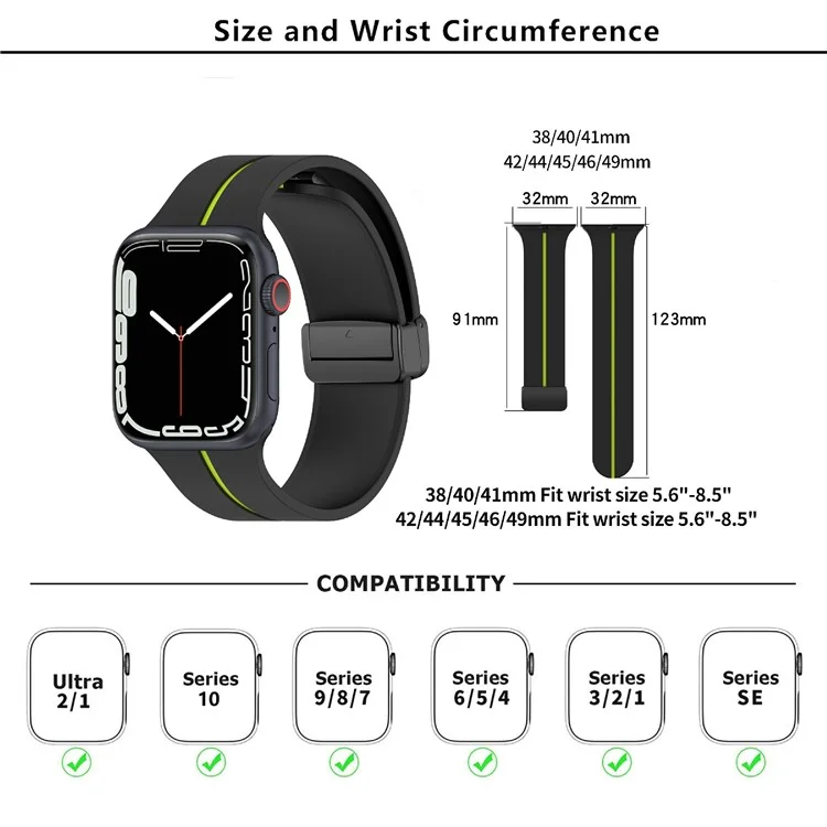 KALEBOL Magnetic Silicone Strap for Apple Watch Series 10 Ultra 9 8 7 SE 6 5 4 3 2 1 46mm 49mm 45mm 44mm 42mm Stripe Watch Band - Black+Lime