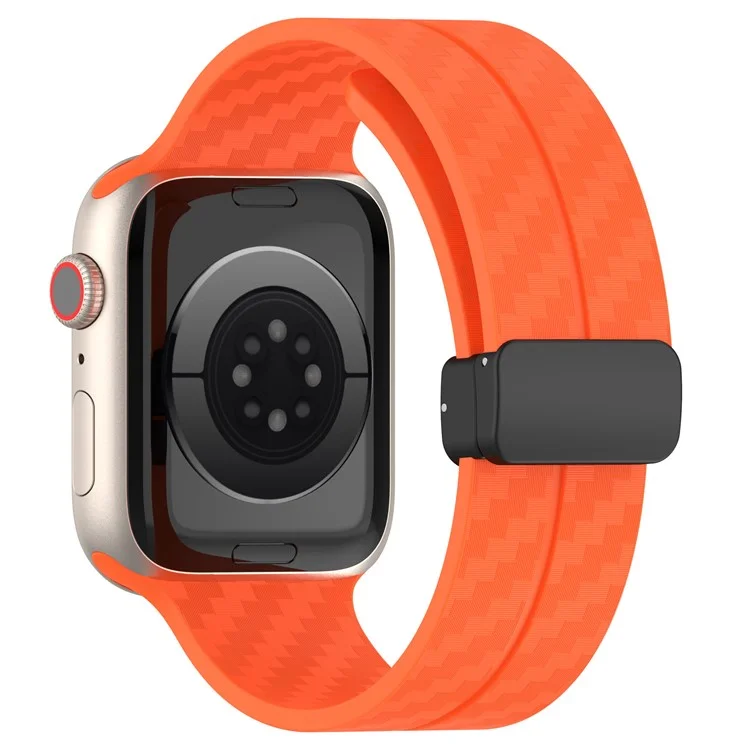 KALEBOL Magnetic Silicone Strap for Apple Watch Series 10 9 8 7 SE 6 5 4 3 2 1 42mm 41mm 40mm 38mm Carbon Fiber Texture Watch Band - Orange