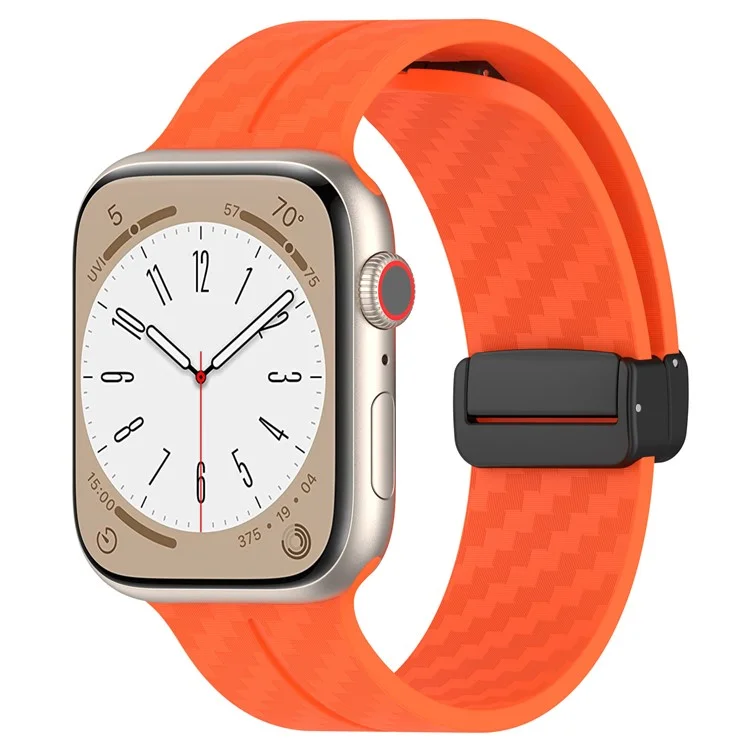 KALEBOL Magnetic Silicone Strap for Apple Watch Series 10 9 8 7 SE 6 5 4 3 2 1 42mm 41mm 40mm 38mm Carbon Fiber Texture Watch Band - Orange