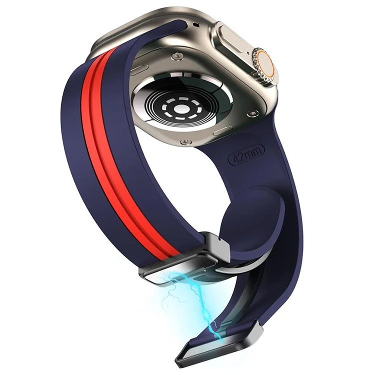 KALEBOL Striped Magnetic Silicone Strap for Apple Watch Series 10 Ultra 9 8 7 SE 6 5 4 3 2 1 46mm 49mm 45mm 44mm 42mm Watch Band - Midnight Blue+Red