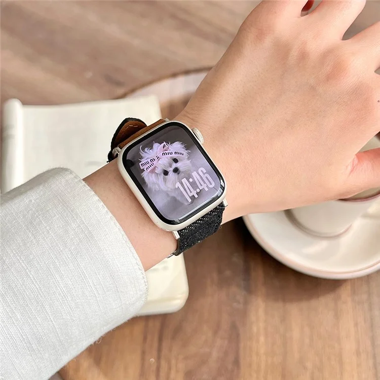 Armband für Apple Watch Serie 10 9 8 7 SE 6 5 4 3 2 1 42mm 41mm 40mm 38mm Besticktes Jeans-Leder-Armband - Braun / Schwarz