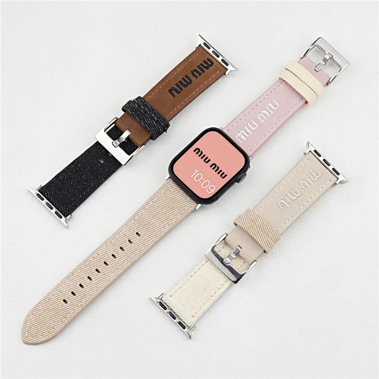 Armband für Apple Watch Serie 10 9 8 7 SE 6 5 4 3 2 1 42mm 41mm 40mm 38mm Besticktes Jeans-Leder-Armband - Braun / Schwarz