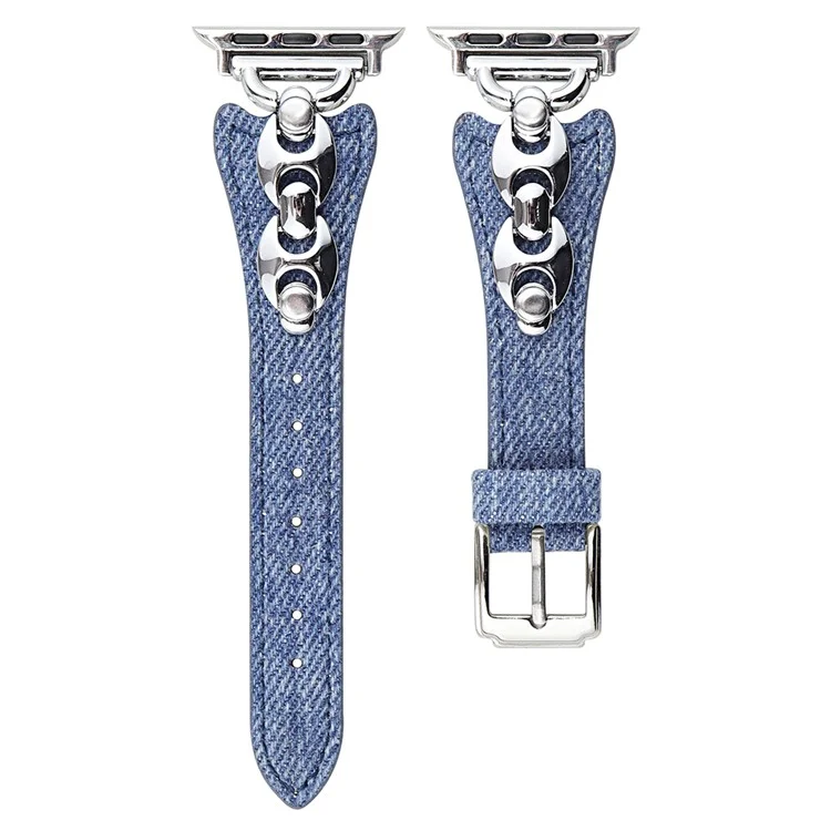 Armband für Apple Watch Series 10 9 8 7 SE 6 5 4 3 2 1 42mm 41mm 40mm 38mm Metall D-Schnalle Jeans-Leder-Armband - Blau / Silber