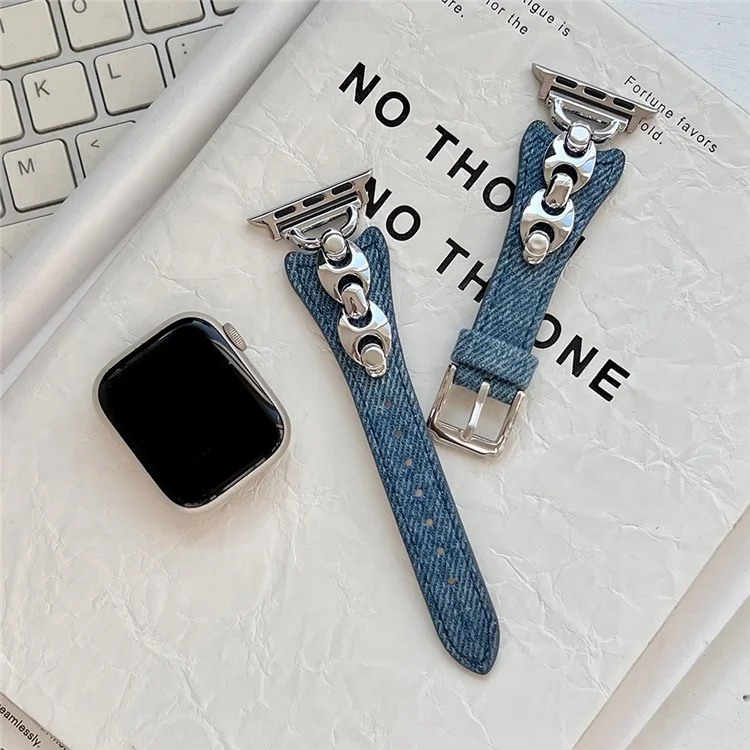 Armband für Apple Watch Series 10 9 8 7 SE 6 5 4 3 2 1 42mm 41mm 40mm 38mm Metall D-Schnalle Jeans-Leder-Armband - Blau / Silber