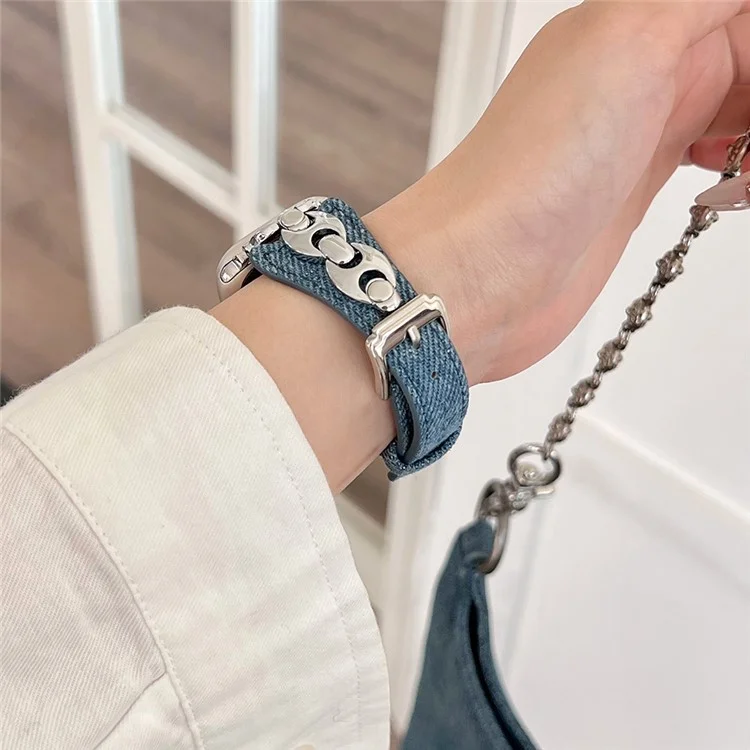Armband für Apple Watch Series 10 9 8 7 SE 6 5 4 3 2 1 42mm 41mm 40mm 38mm Metall D-Schnalle Jeans-Leder-Armband - Blau / Silber