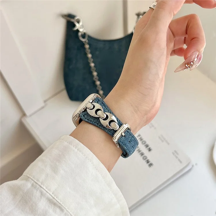 Armband für Apple Watch Series 10 9 8 7 SE 6 5 4 3 2 1 42mm 41mm 40mm 38mm Metall D-Schnalle Jeans-Leder-Armband - Blau / Silber