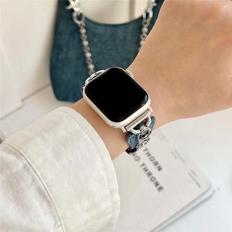 Armband für Apple Watch Series 10 9 8 7 SE 6 5 4 3 2 1 42mm 41mm 40mm 38mm Metall D-Schnalle Jeans-Leder-Armband - Blau / Silber