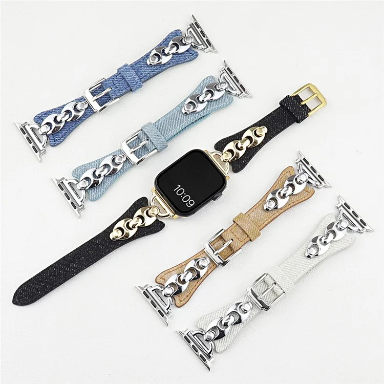 Armband für Apple Watch Series 10 9 8 7 SE 6 5 4 3 2 1 42mm 41mm 40mm 38mm Metall D-Schnalle Jeans-Leder-Armband - Blau / Silber
