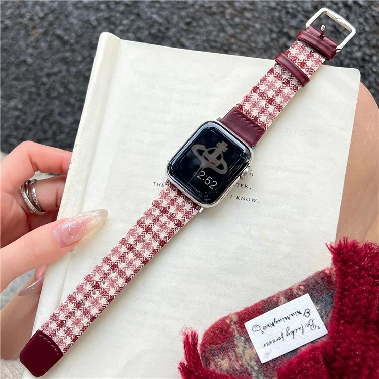 Woolen Fabric Leather Strap for Apple Watch Series 10 9 8 7 SE 6 5 4 3 2 1 42mm 41mm 40mm 38mm Watch Band - Wine Red